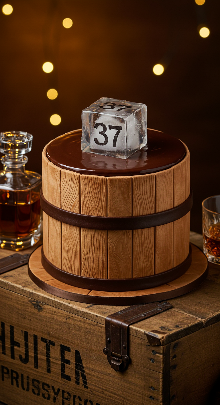 Torte in Form eines Whiskey-Fasses mit „37“ in einem Eiswürfel-Topper.