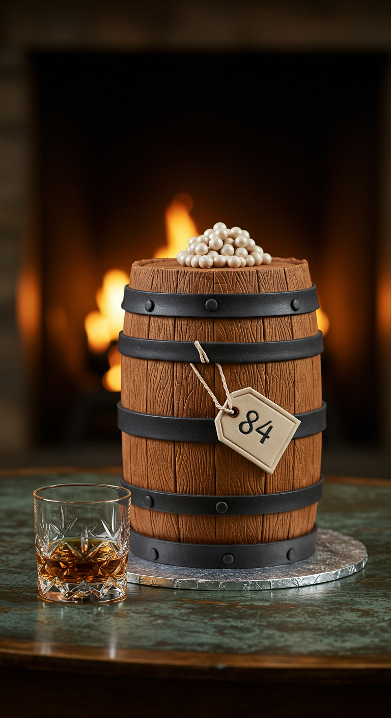 Kuchen in Form eines hölzernen Whiskyfasses mit Etikett