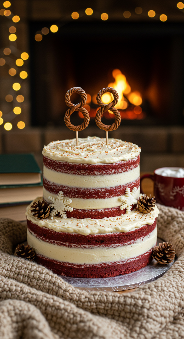 Zweistöckiger Red Velvet Naked Cake mit Tannenzapfen und Brezel-