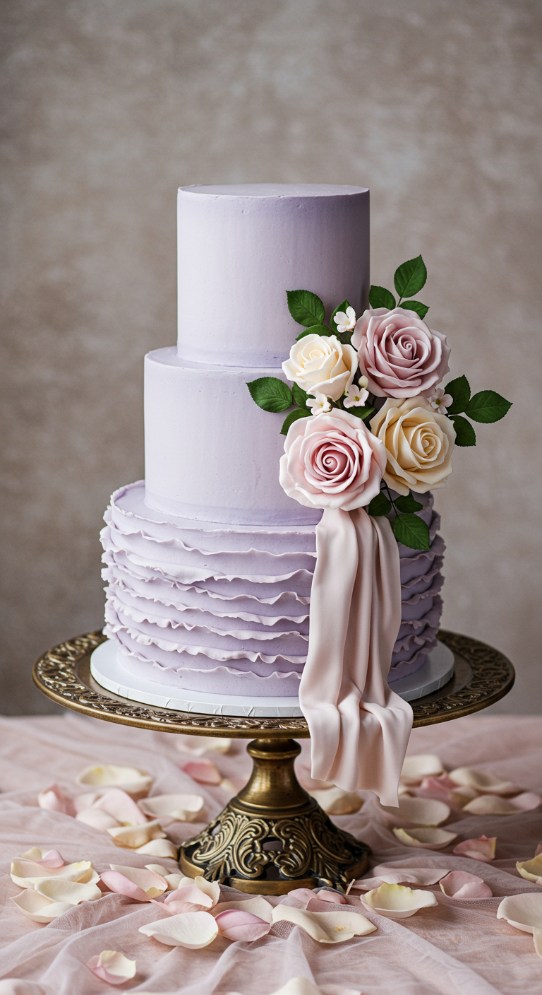 Lavendelfarbene Torte mit Rüschen, Zuckerrosen und Stoffdrapierung.