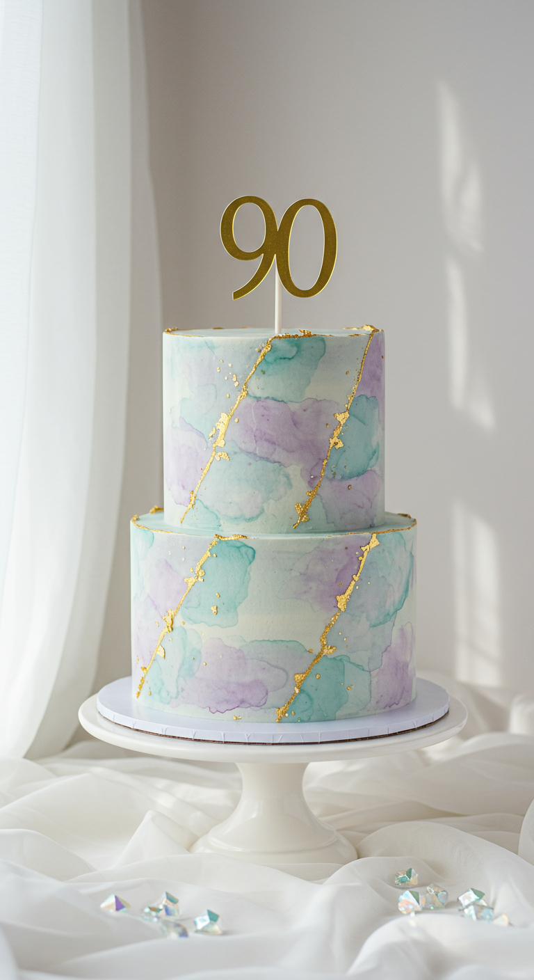 Zweistöckige Torte mit pastellfarbenem Aquarell-Design und diagonalen Goldstreifen.