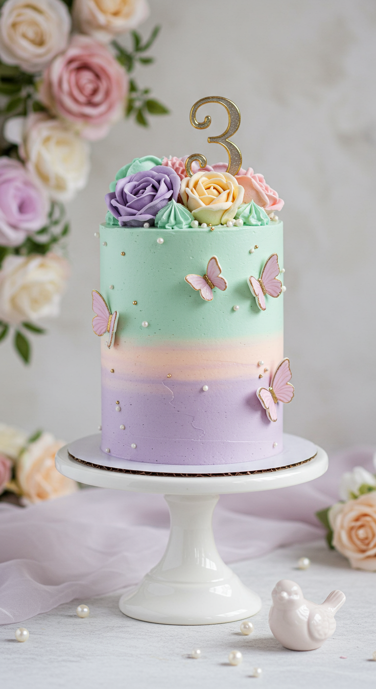 Pastellfarbene Ombré-Torte mit Buttercreme-Rosen und Esspapier-Schmetterlingen.