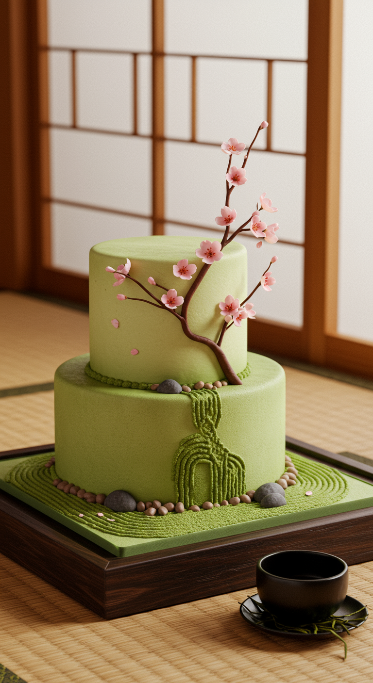 Zweistöckige grüne Torte im Zen-Garten-Stil mit Kirschblütenzweig und Steinen.