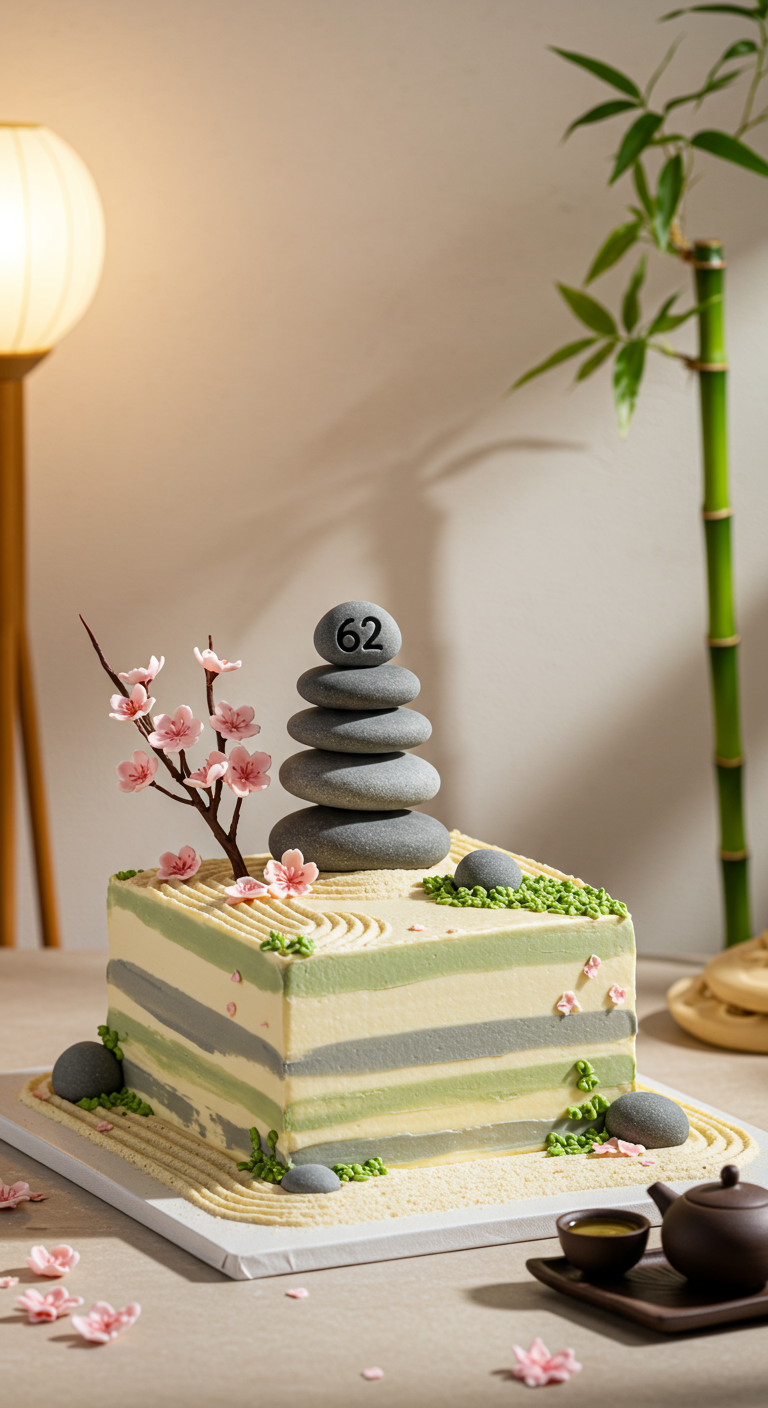 Rechteckige Torte als Zen-Garten mit Steinen, Kirschblüten und geharktem Sandmuster.