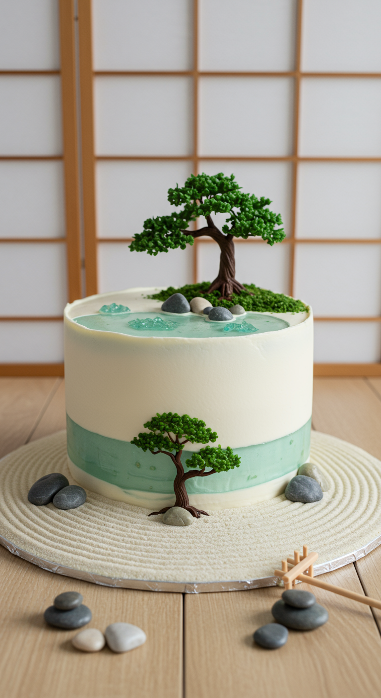 Weiße Torte dekoriert als Zen-Garten mit Mini-Bonsai, Steinen und geharktem Sand-Effekt.
