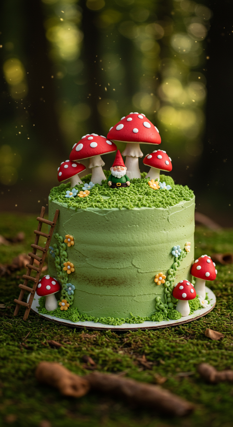 Grüne Torte dekoriert mit Fliegenpilzen, einem Zwerg und kleinen Blümchen.