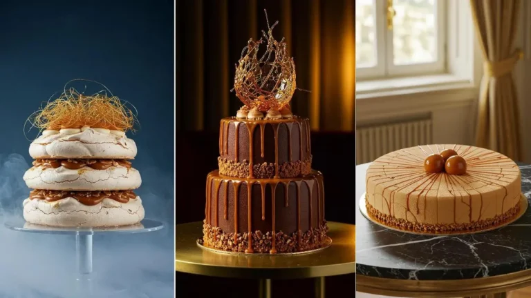 Karamell Hochzeitstorten mit Toffee, Crunch und goldenen Details für eine luxuriöse Feier.