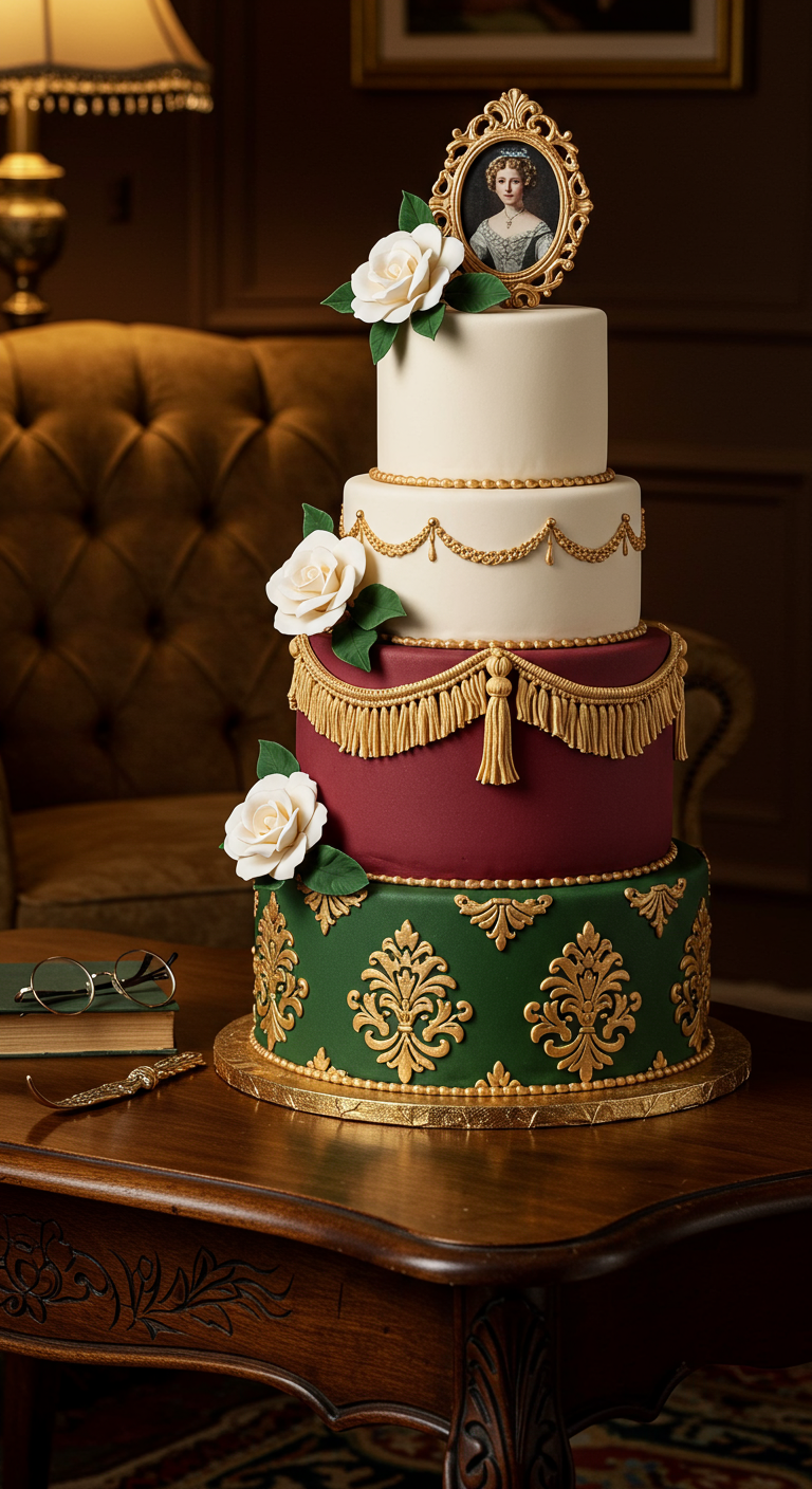 Mehrstöckige Torte in Creme, Bordeaux und Grün mit goldenen Ornamenten und Porträt-Medaillon.