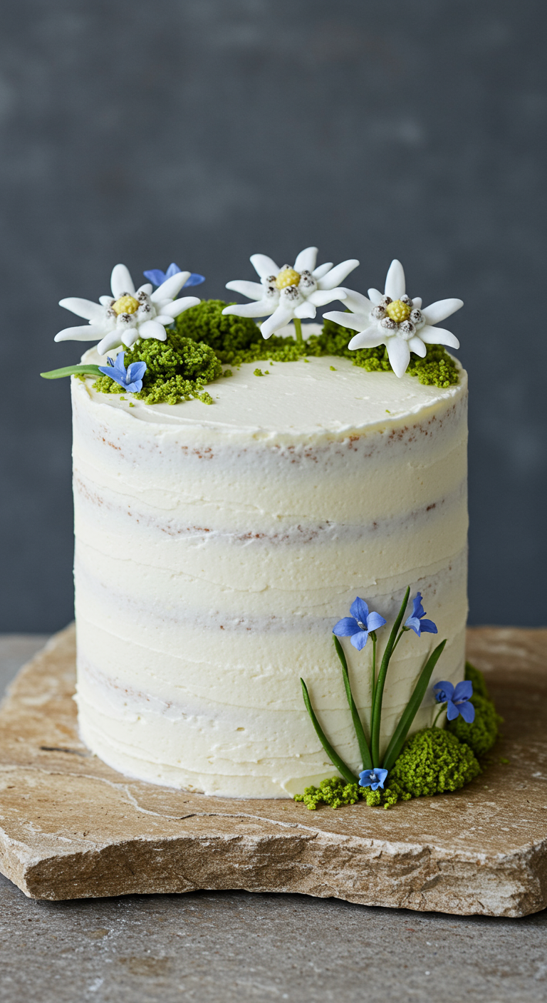 Halbhohe Cremetorte mit rustikaler Struktur, dekoriert mit Zucker-Edelweiß und Enzian.