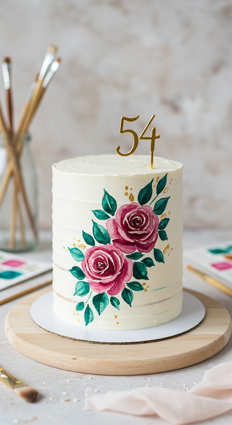 Weiße Torte mit horizontalen Buttercreme-Streifen, bemalt mit zwei rosa Aquarell-Rosen und goldenem