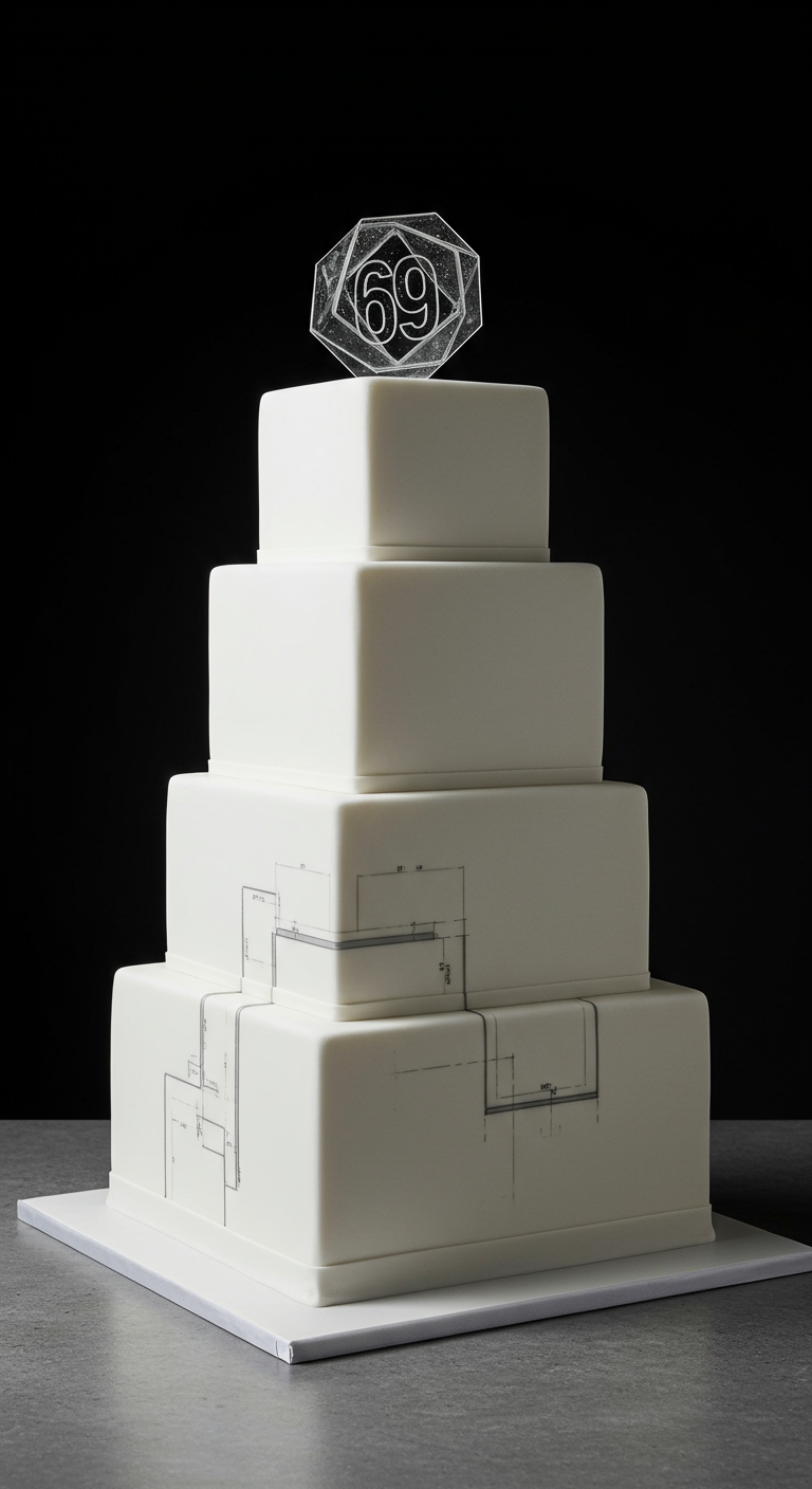 Mehrstöckige weiße quadratische Torte mit Blueprint-Zeichnungen und geometrischem Topper 69.