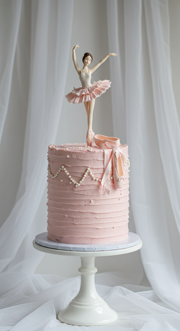 Rosa Torte mit Ballerina-Figur, Ballettschuhen und Perlendeko