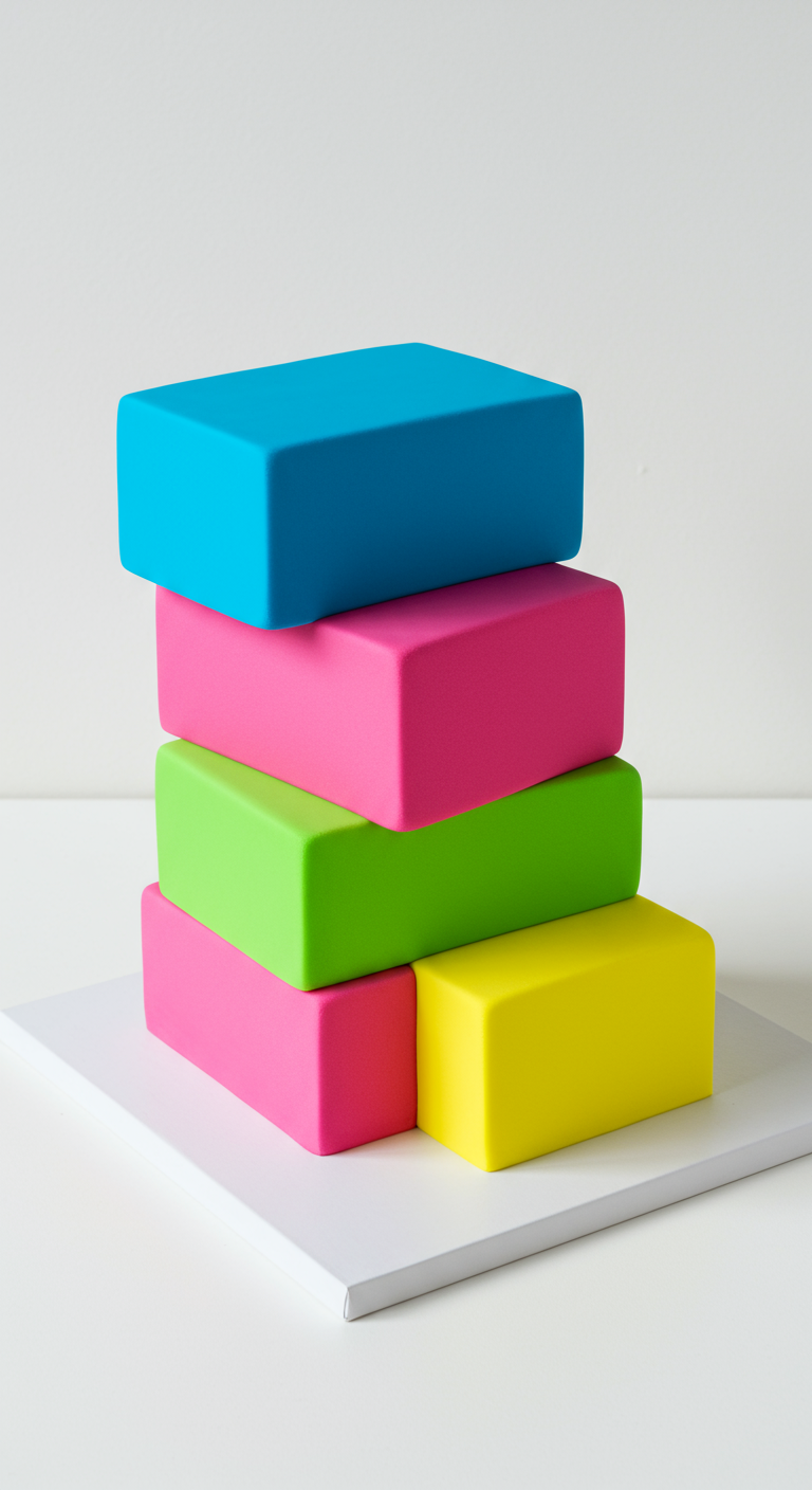 Gestapelte, rechteckige Kuchenblöcke in leuchtenden Neonfarben (Blau, Pink, Grün, Gelb).