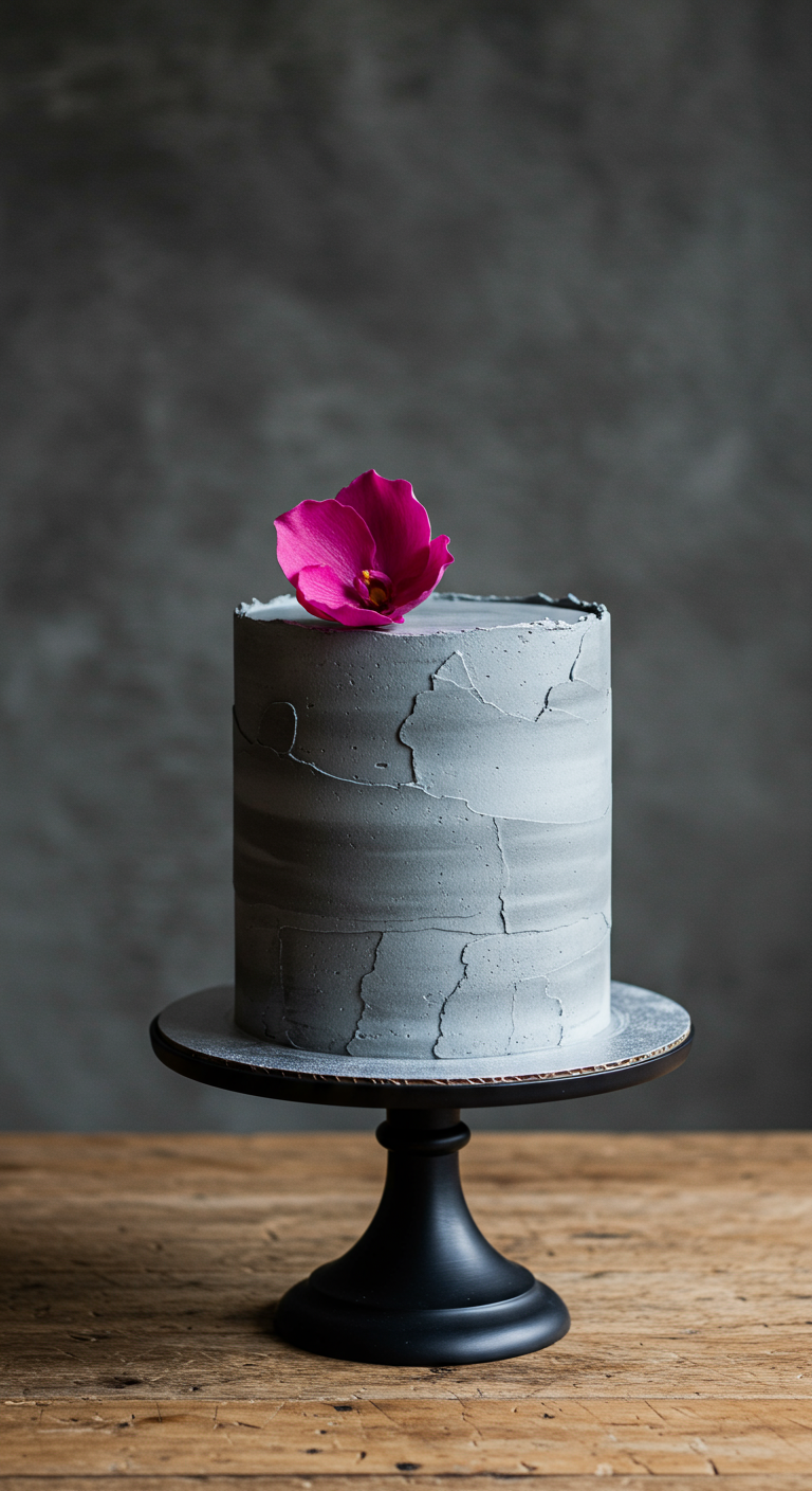 Graue Torte in Betonoptik mit einer pinken Blüte.