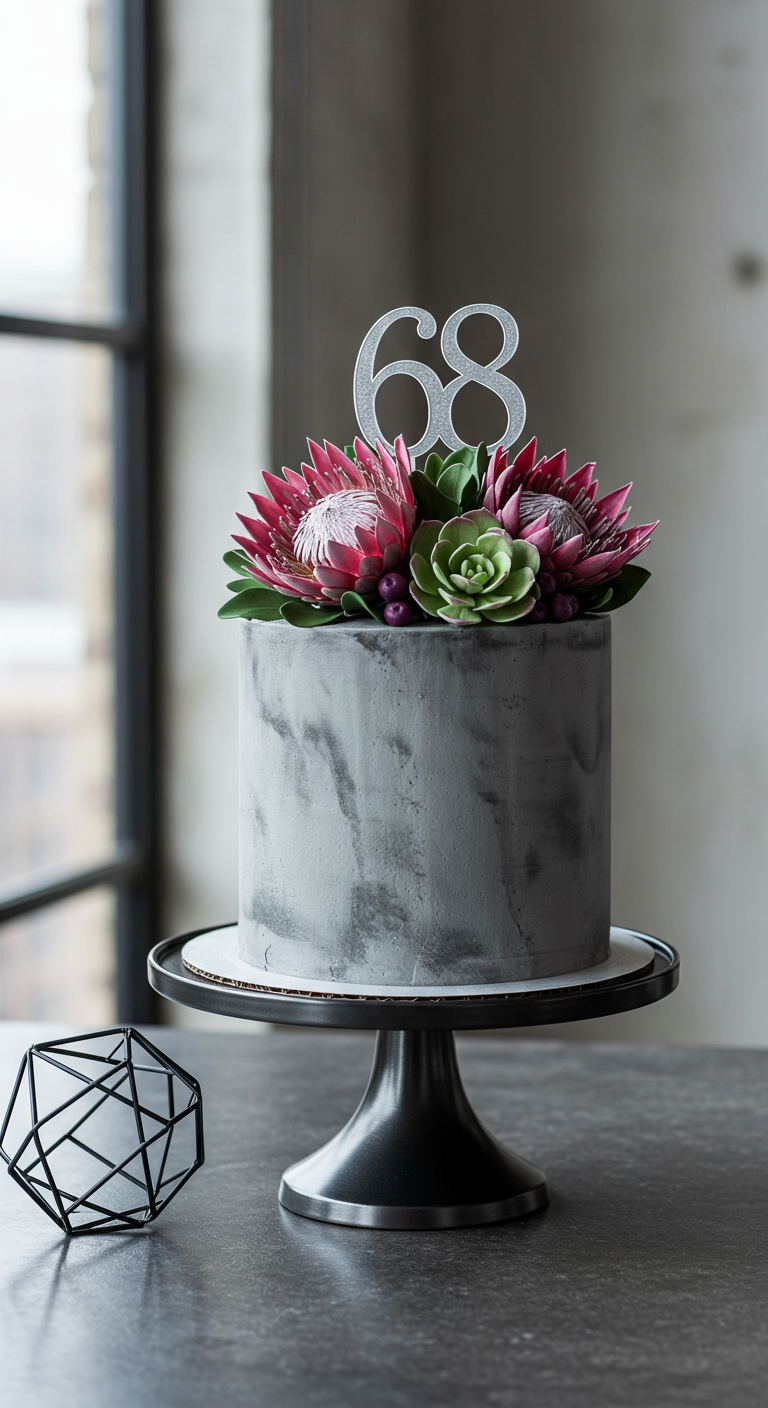 Graue Torte in Betonoptik mit Protea-Zuckerblumen und silbernem