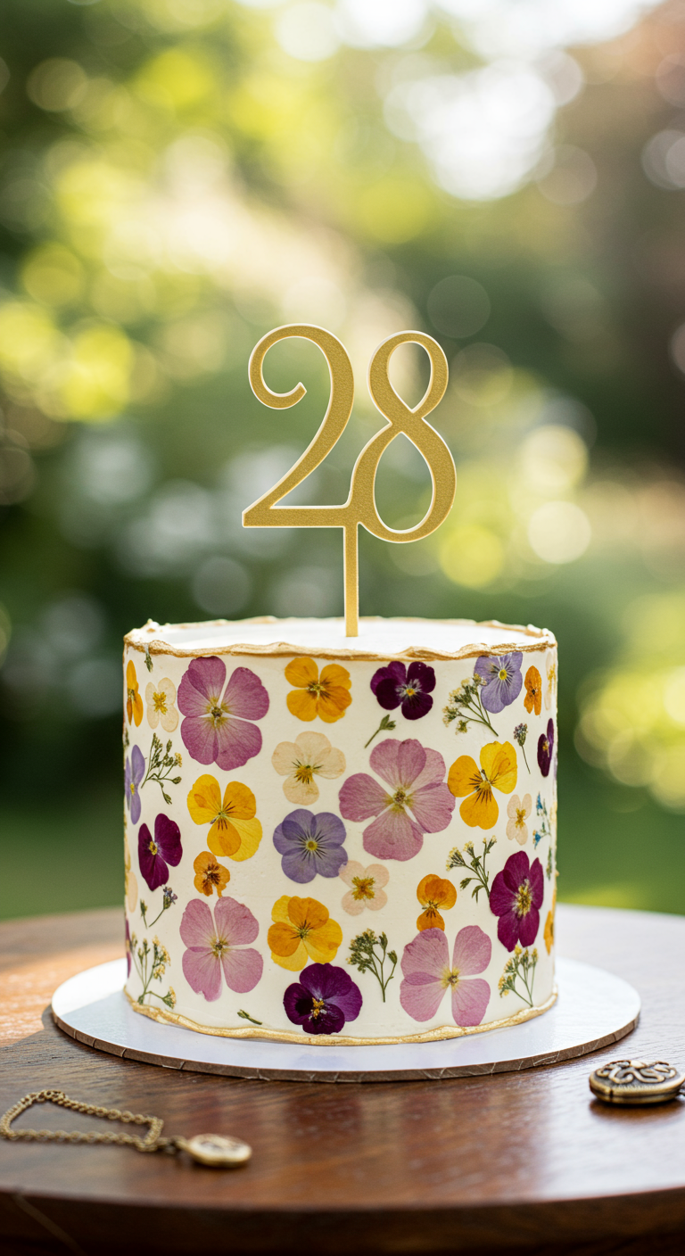 Weiße Torte mit echten gepressten bunten Blüten und goldenem
