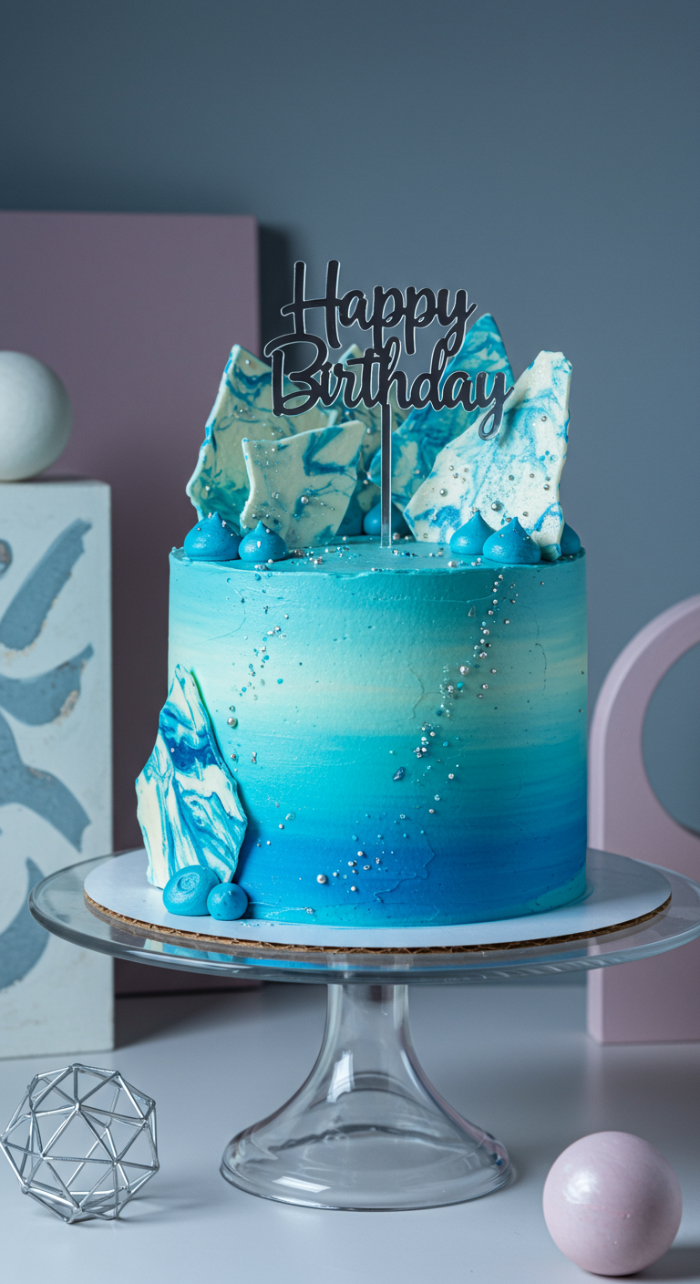 Blaue Ombré-Torte mit marmorierten Schokosplittern, Silberperlen und 'Happy Birthday'-Topper.