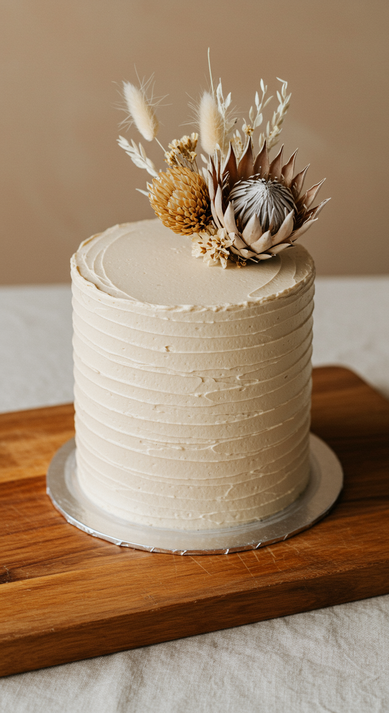 Rustikale Cremetorte mit einem Arrangement aus Trockenblumen.