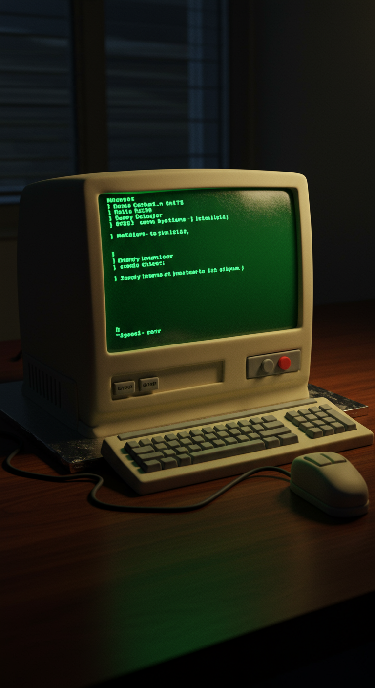 Alter Computer-Monitor mit Tastatur und Maus als Torte, grüner Text auf Bildschirm