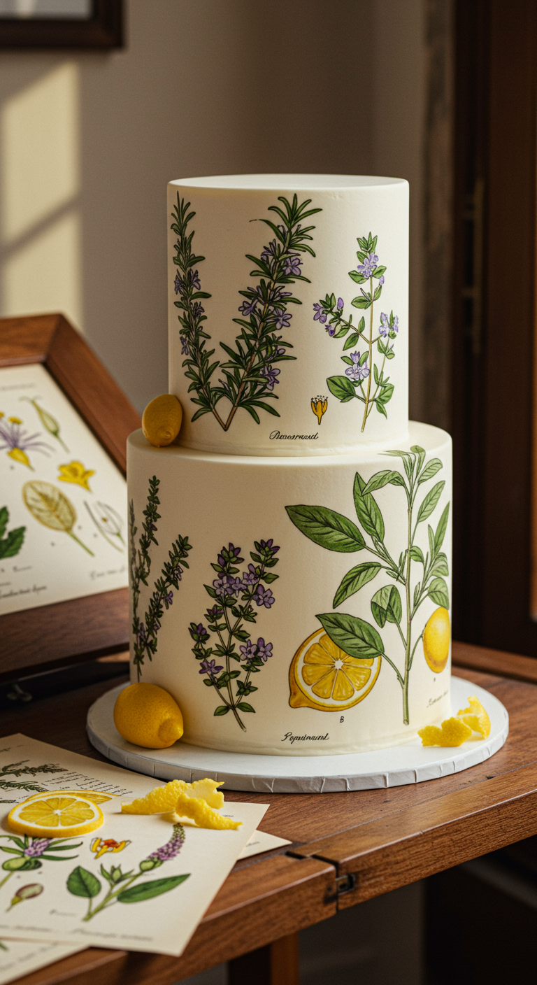 Zweistöckige weiße Torte mit detaillierten botanischen Illustrationen von Kräutern und Zitronen.