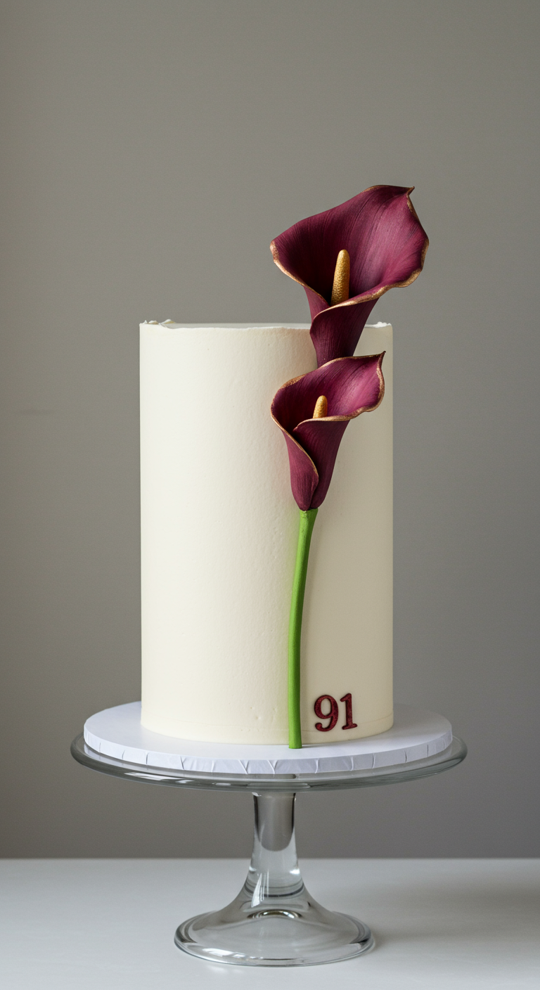 Hohe weiße Torte mit zwei Calla-Lilien und kleiner Zahl 91.