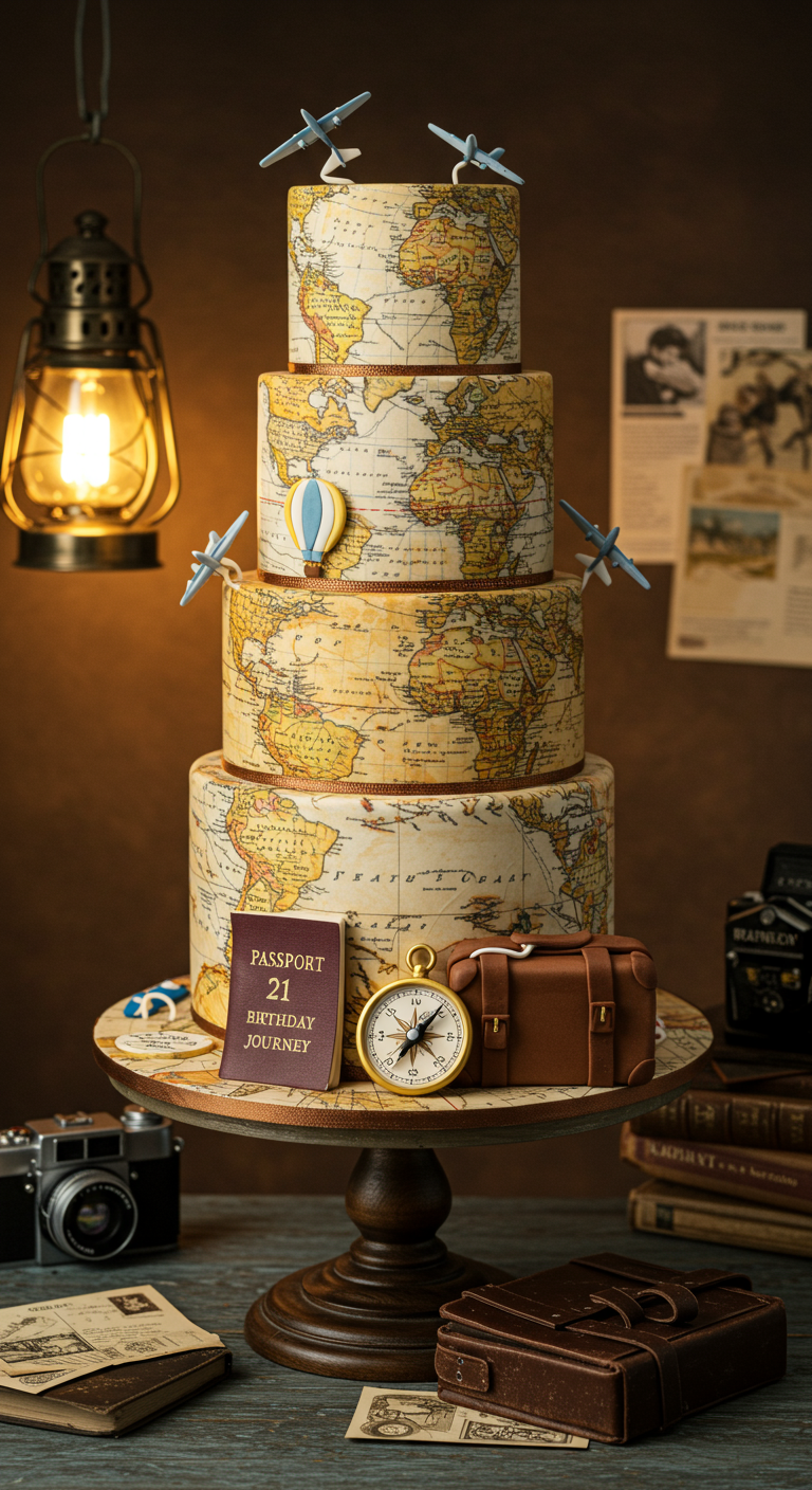 Mehrstöckige Torte mit Weltkarten-Motiv, kleinen Flugzeugen und Reise-Accessoires.