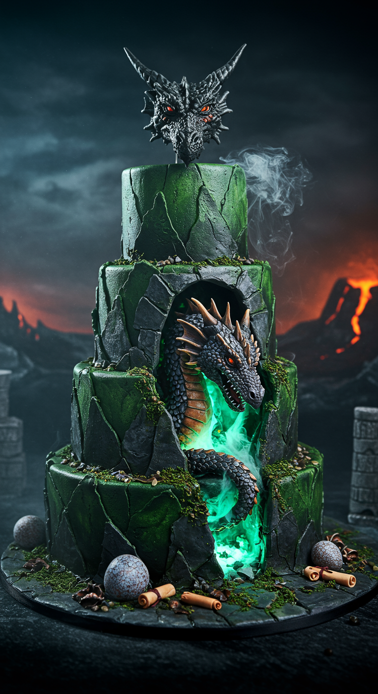 Düstere, mehrstöckige Drachenhort-Torte mit Felsenoptik und Drachenfigur.