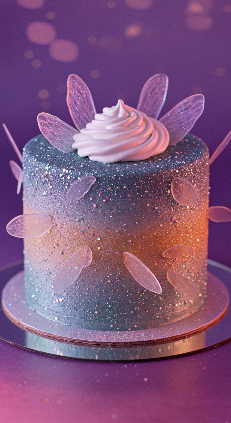 Glitzernde Torte mit Buttercreme-Topping und durchsichtigen Feenflügeln.