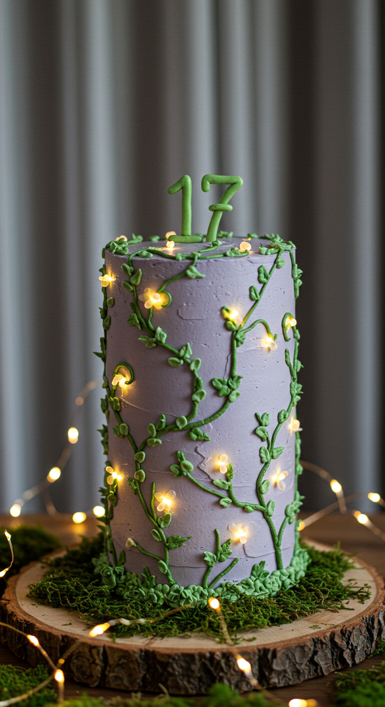 Lila Torte mit grünen Ranken, echten kleinen Lichtern und Zahl 17.