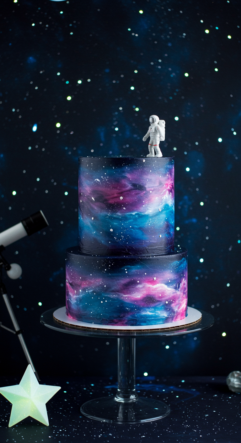 Zweistöckige Torte mit Galaxy-Print in Blau, Pink und Lila, mit Astronautenfigur.
