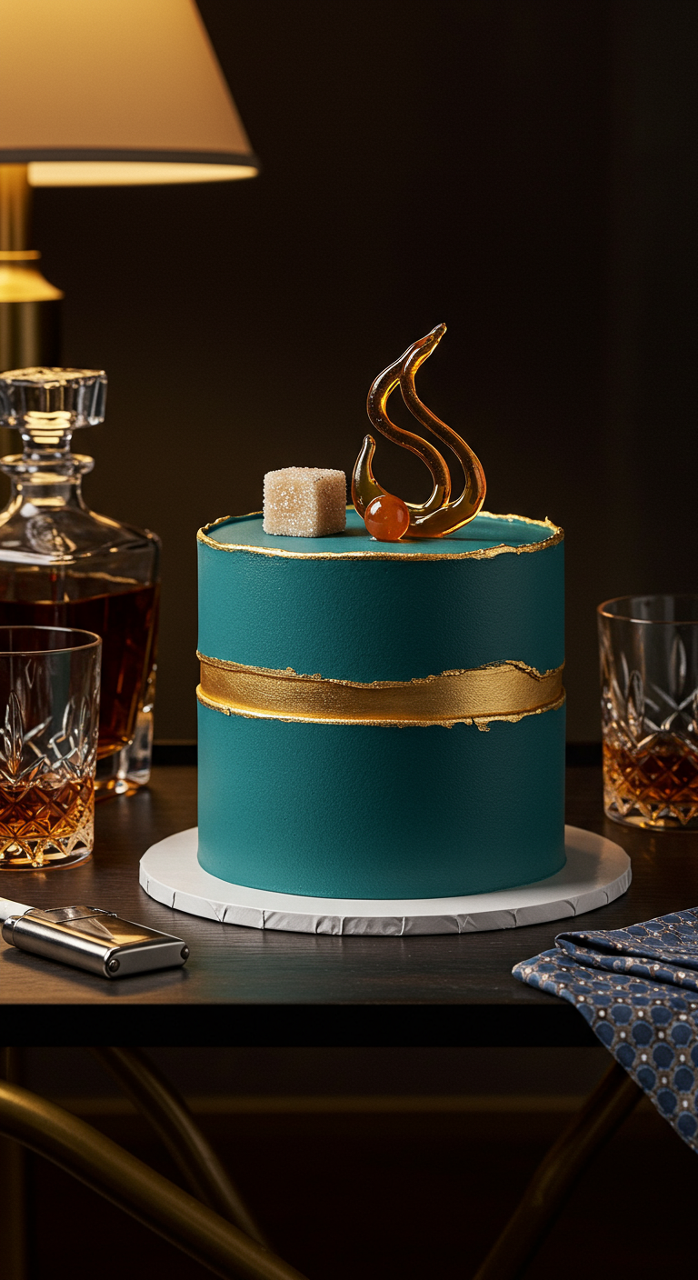 Petrolfarbene Torte mit goldenem Streifen und einem bernsteinfarbenen Zucker-Flammen-Topper.