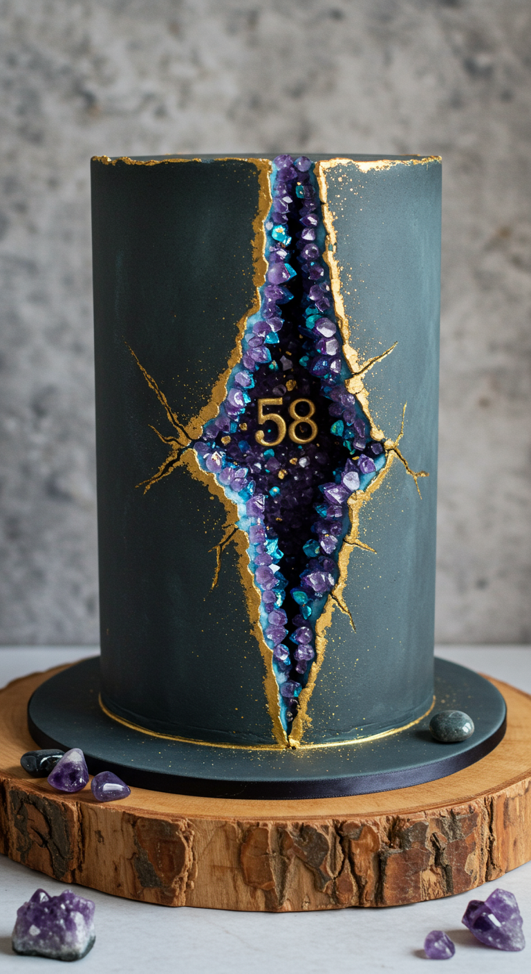 Dunkelgraue Torte mit einer lila-blauen Kristall-Geode in der Mitte und goldenen Akzenten.
