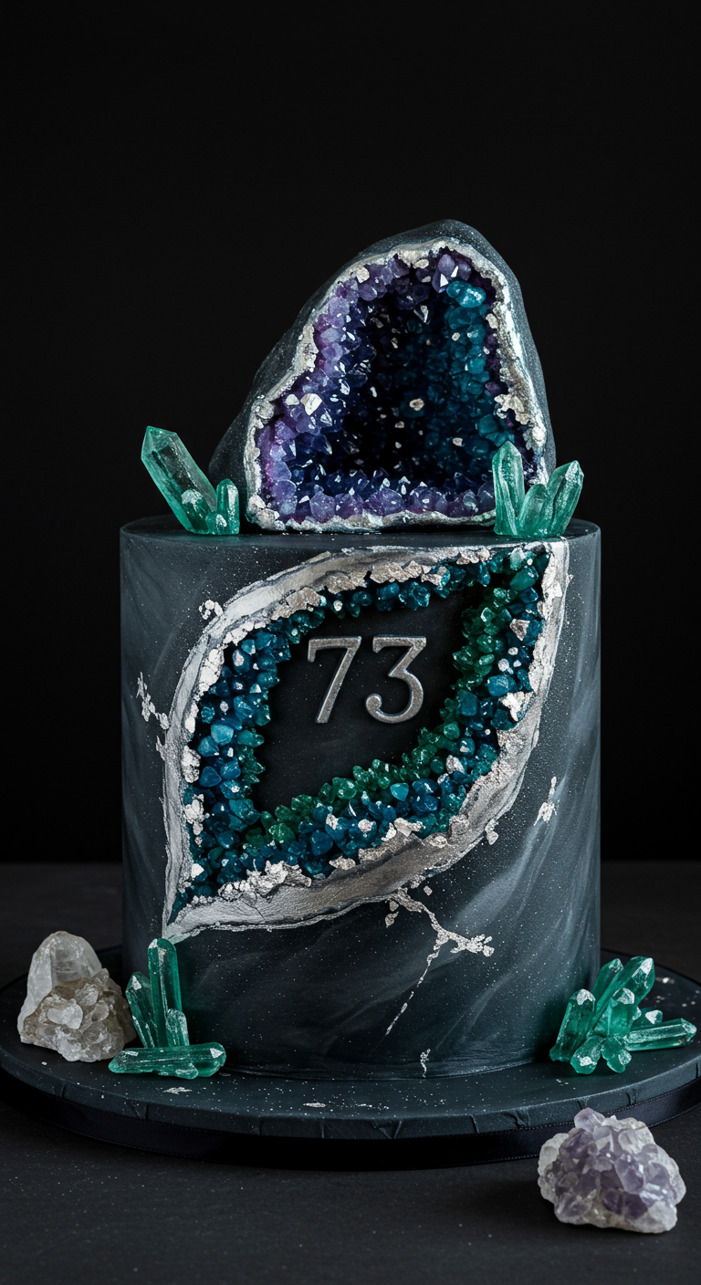 Dunkelgraue Torte mit aufbrechender Geode aus blauen und lila Zuckerkristallen.
