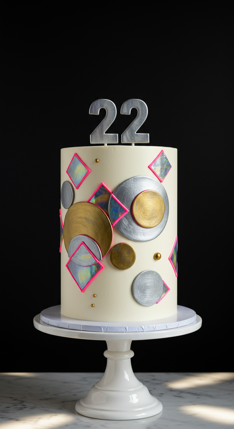 Weiße Torte mit Zahl 22 Topper und geometrischen Formen in Gold, Silber, Neonpink.