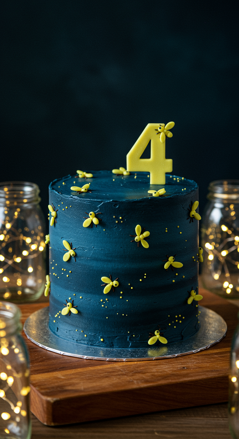 Dunkelblaue Torte mit gelben Fondant-Glühwürmchen und einer großen gelben 4.