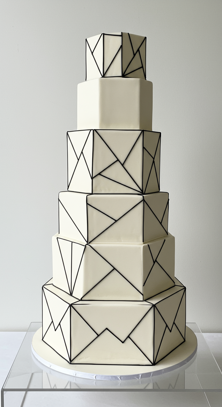 Hohe, gestapelte sechseckige weiße Torte mit schwarzen geometrischen Linien.