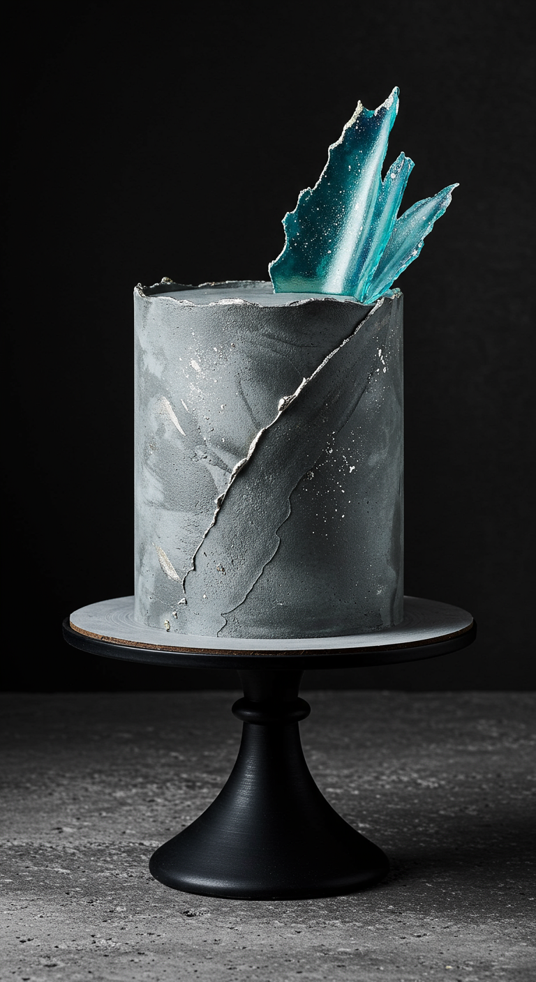 Grau marmorierte Torte mit einem blauen Zuckersegel und Silberakzenten.