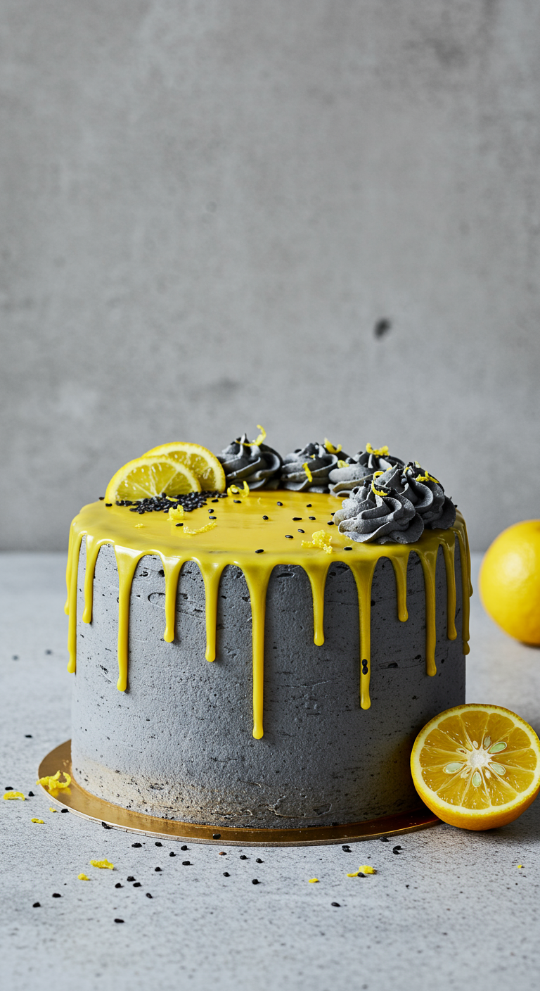 Graue Torte mit gelbem Zitronen-Drip, schwarzen Tupfen und Zitrone.