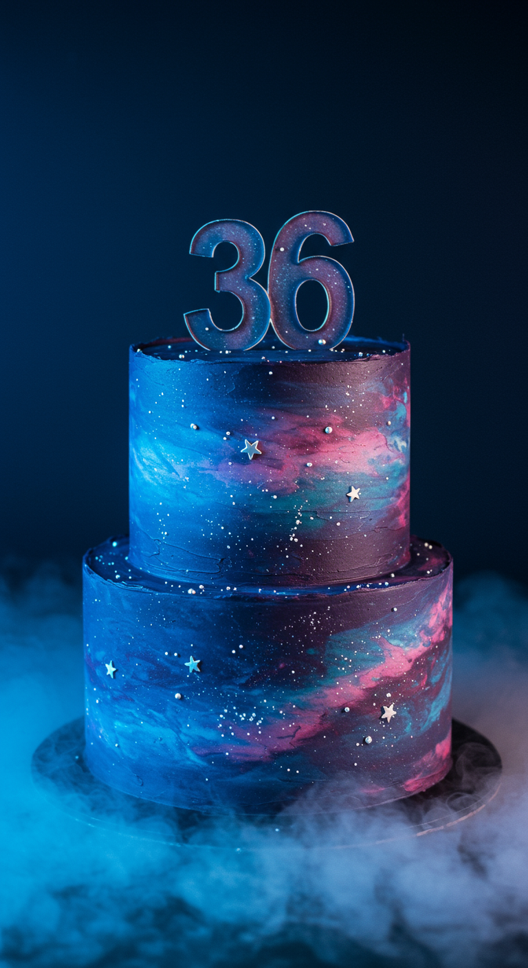 Zweistöckige Torte in Blau-, Lila- und Pinktönen mit Sternen und der Zahl 36.