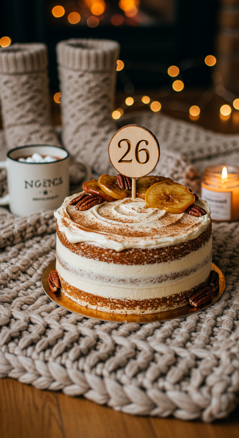 Gemütlicher Naked Cake mit Apfelscheiben, Pekannüssen und Zahl 26 Topper.