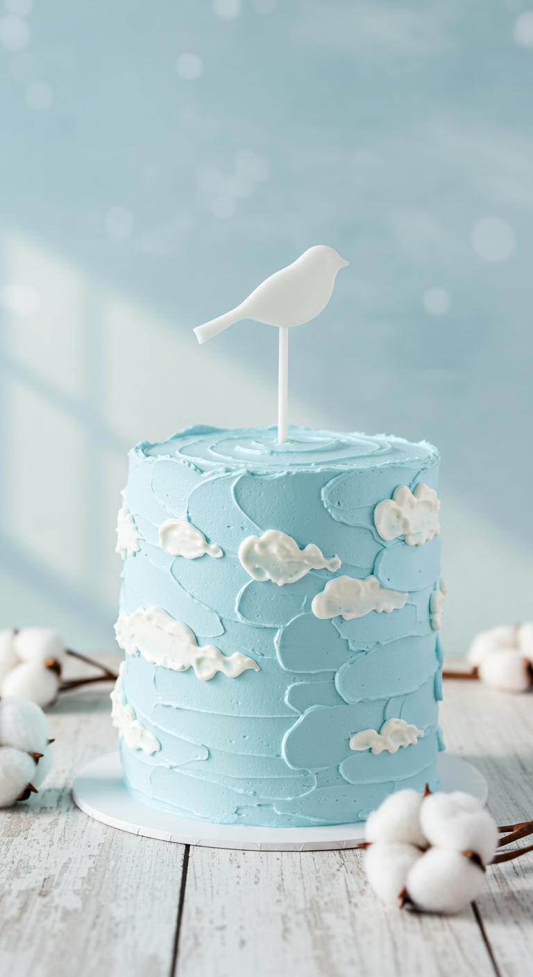 Hellblaue Torte mit aufgespritzten weißen Buttercreme-Wolken und einem weißen Vogel-Cake-Topper.