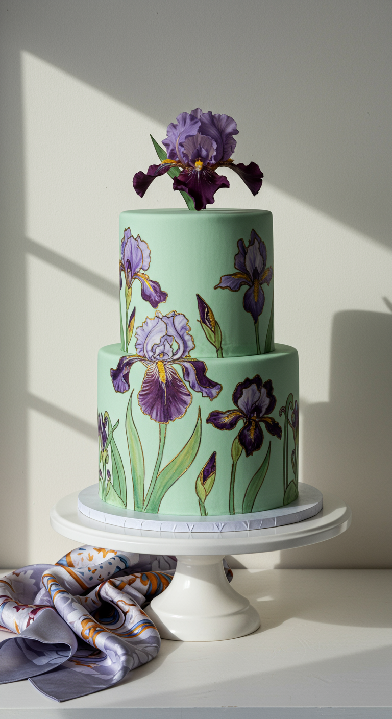 Zweistöckige mintgrüne Torte, bemalt mit lila Irisblüten, eine echte Iris als Topper.