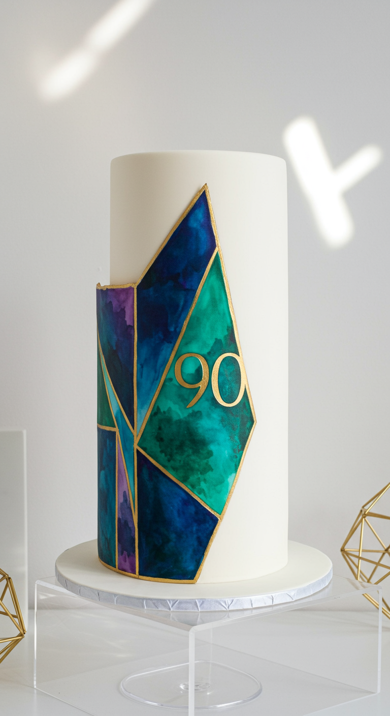 Hohe weiße Torte mit einem geometrischen, juwelenartigen Aquarell-Einsatz in Blau-Grün-Lila.