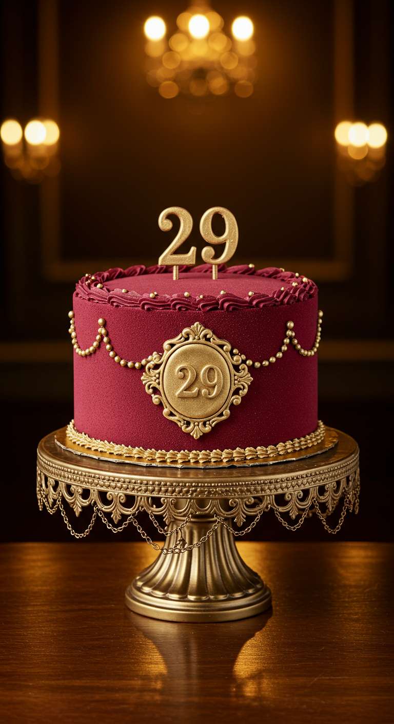 Bordeauxrote Torte mit Samtoptik, goldenen Perlen und Ornament.
