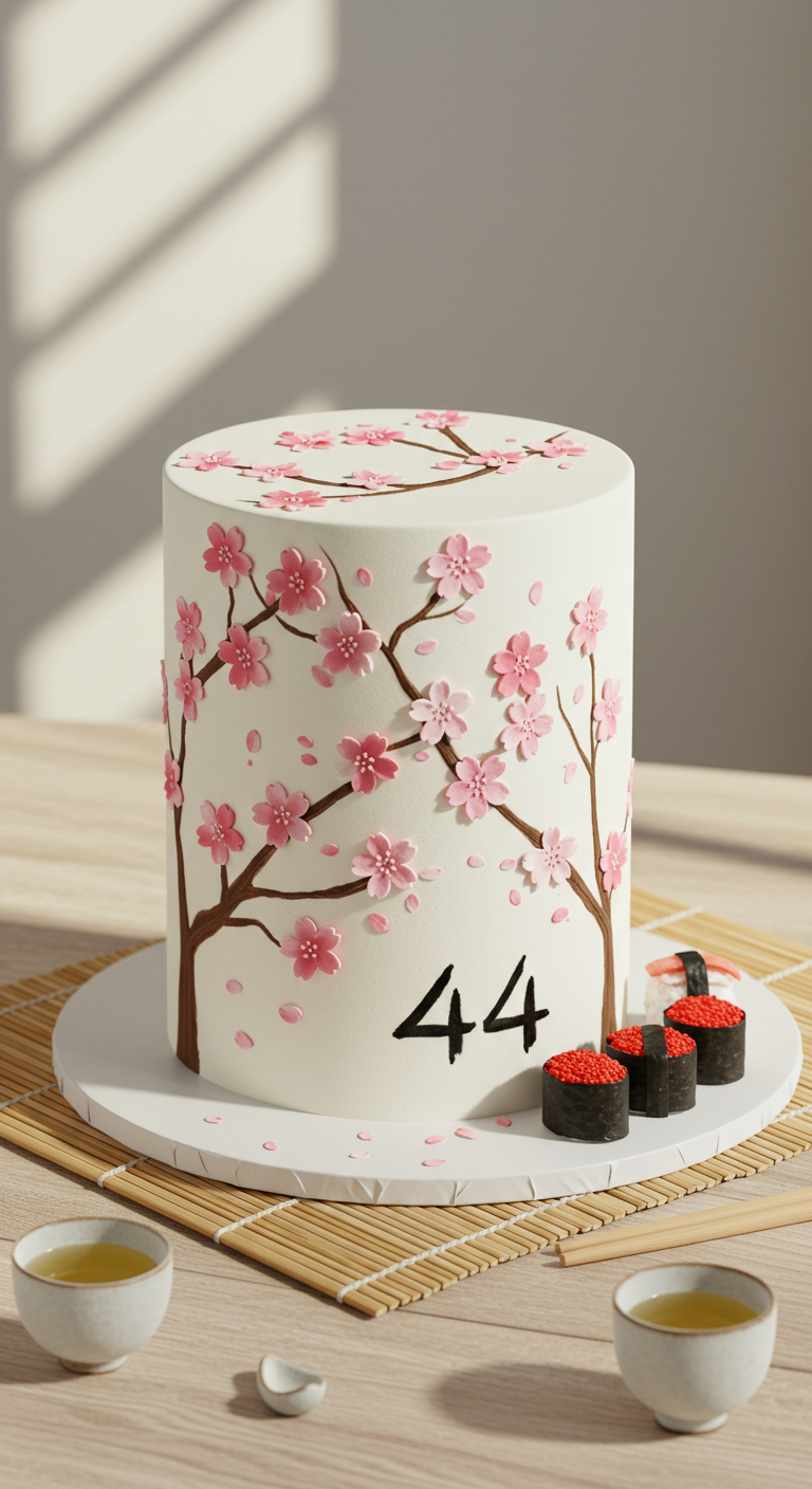 Weiße Torte mit gemalten Kirschblütenzweigen, rosa Blüten und kleinen Fondant-Sushi-Röllchen.