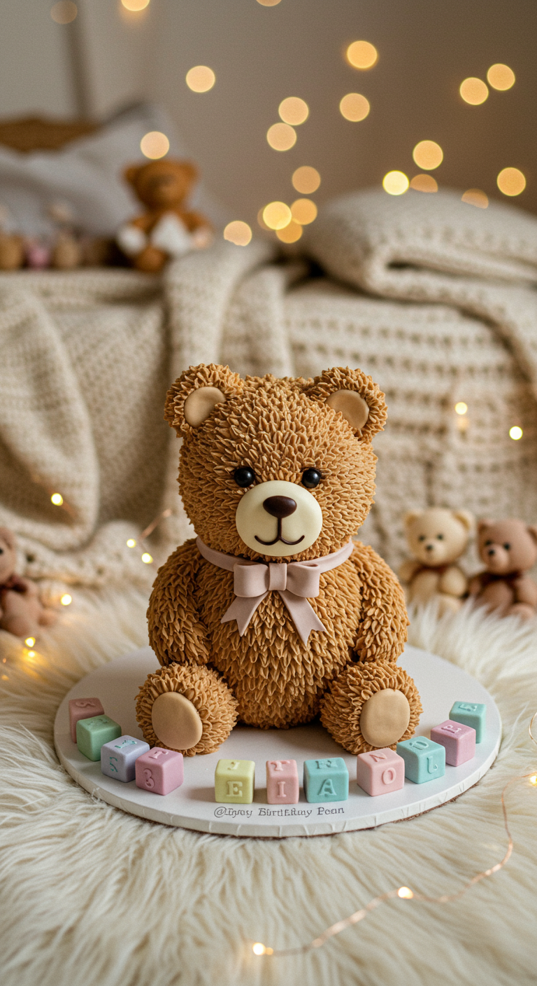 3D-Torte in Form eines sitzenden Teddybären mit flauschiger Buttercreme-Textur