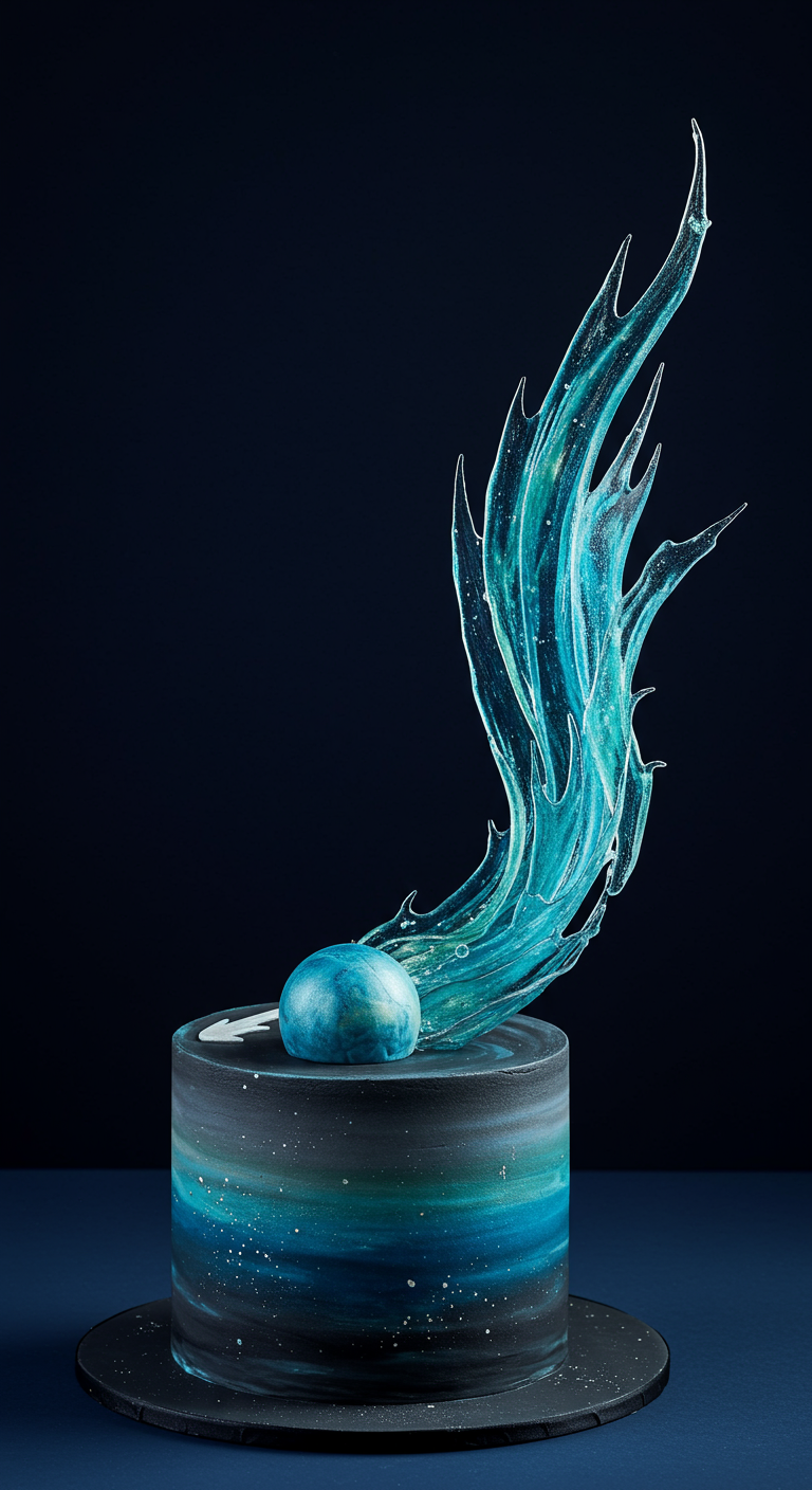 Dunkle Galaxy-Torte mit blauer Kometenschweif-Skulptur aus Zucker.