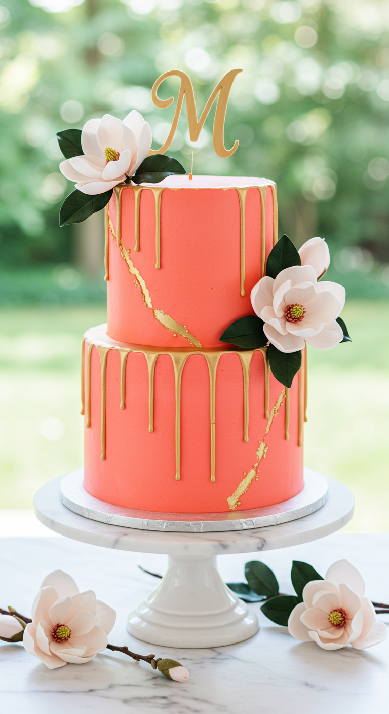 Zweistöckige korallenrote Torte mit goldenem Drip-Effekt und weißen Magnolienblüten.