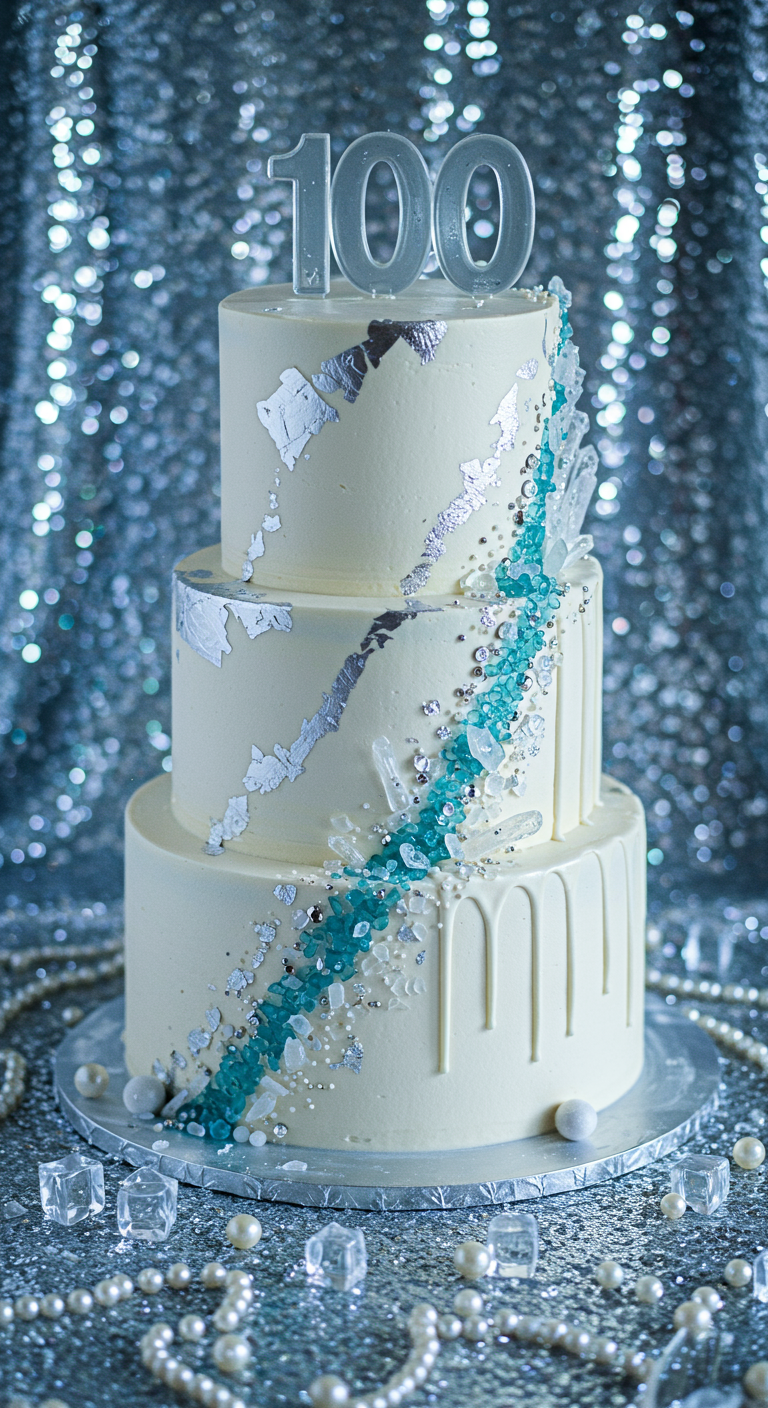 Weiße dreistöckige Torte mit blauem Kristall-Geoden-Effekt und Silberakzenten.