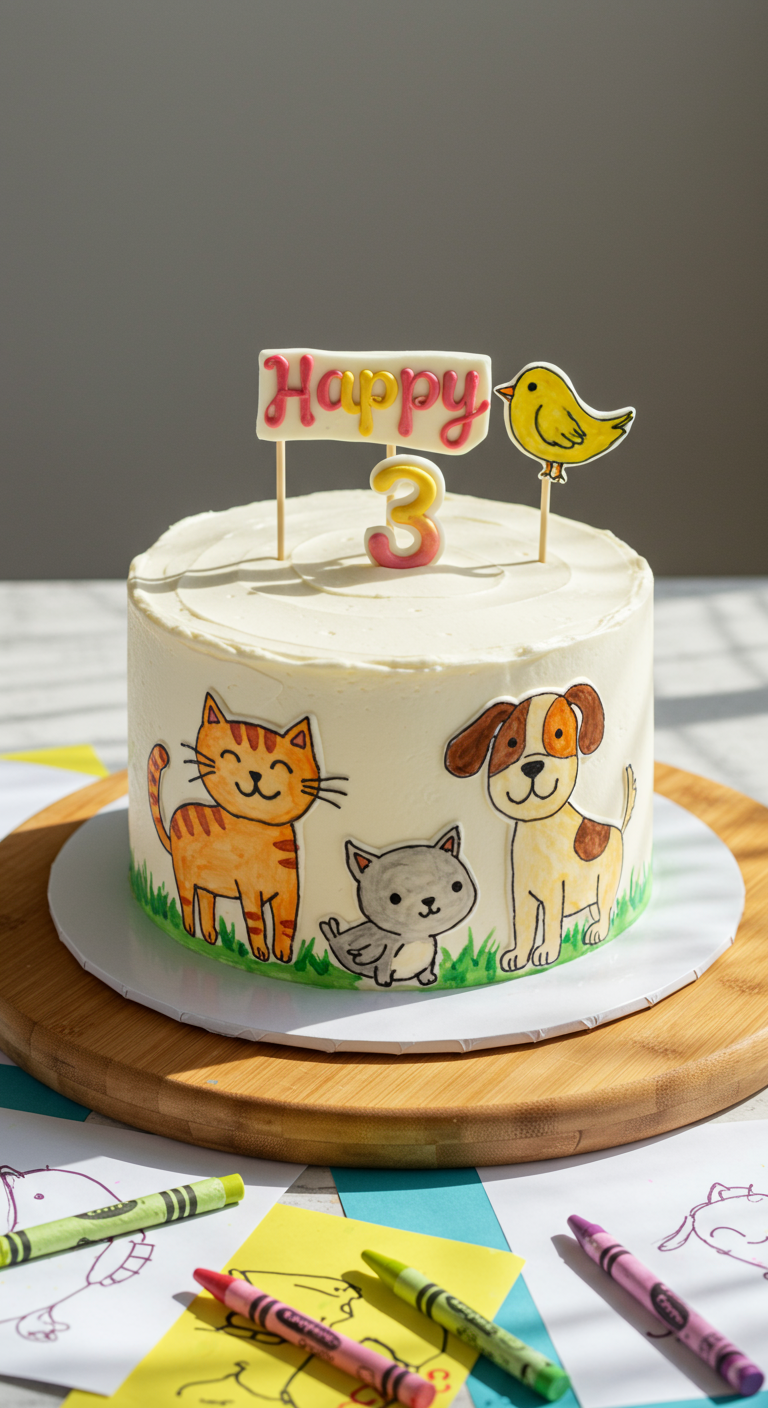 Weiße Torte mit handgemalten Comic-Tieren (Katze, Hund, Vogel).